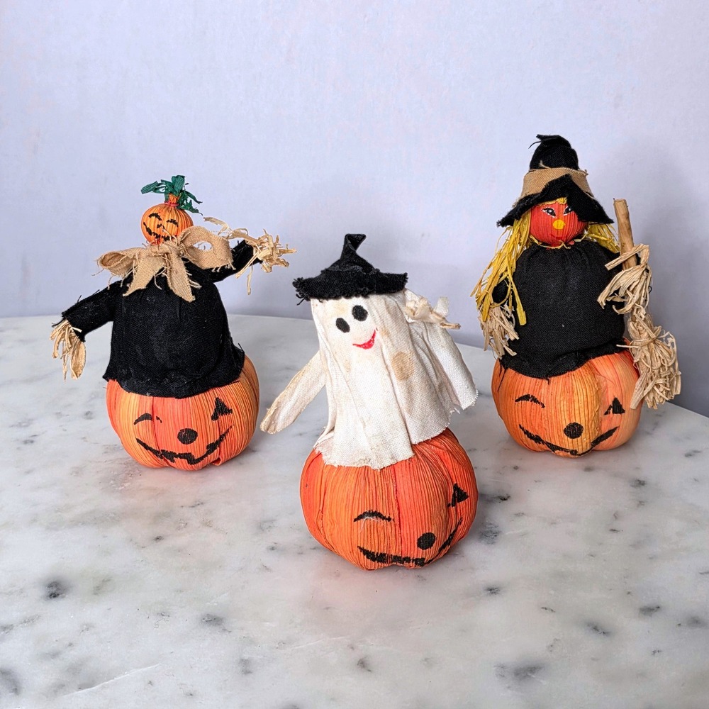 Vtg Halloween Corn Husk Figure Set Witch Ghost Scarecrow Pumpkin Decor 3pc 4-5"